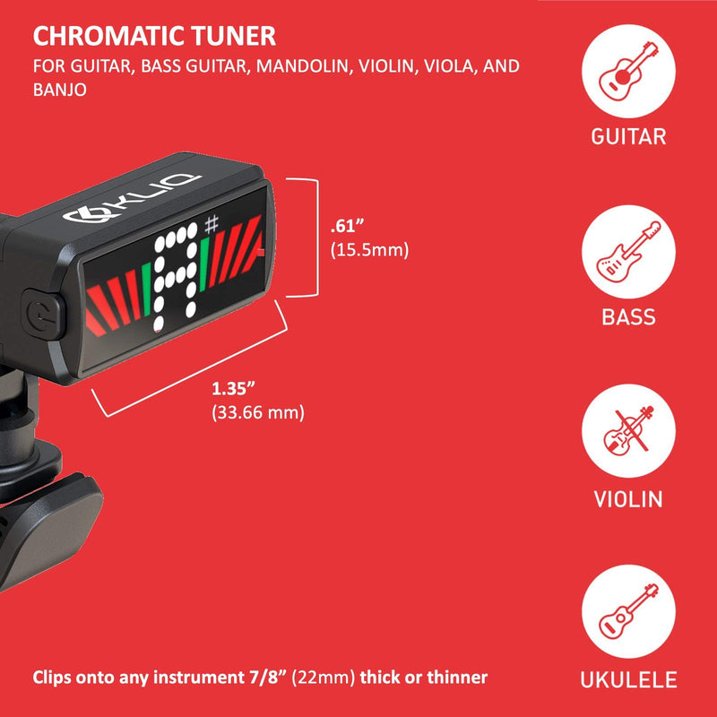 KLIQ Ultra-TinyTuner (UT2), Micro Clip-On Tuner - for use with Guitar, Ukulele, Violin, Bass and all stringed instruments (for Acoustic & Electric Guitar, Bass, Mandolin, Violin, Ukulele, and Banjo) UT2