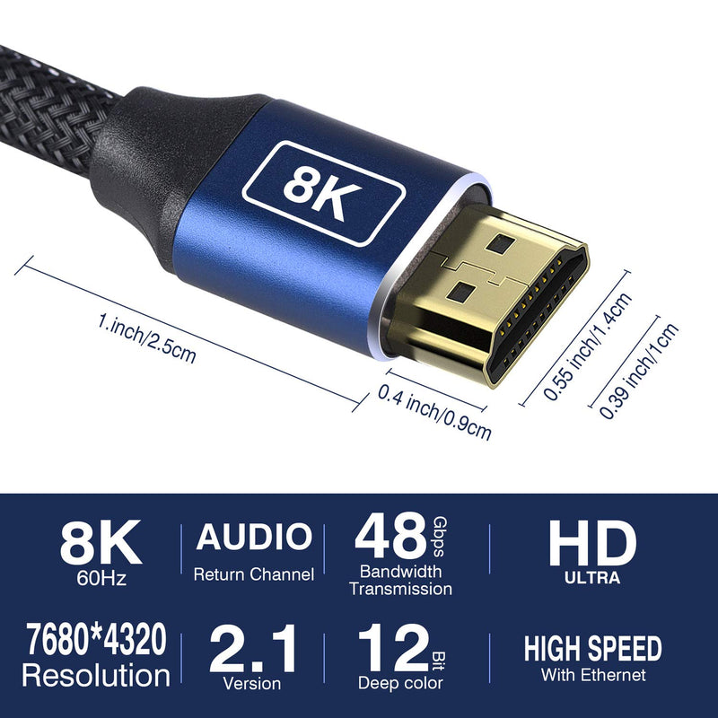 3ft 8K HDMI 2.1 Cable - Ultra HD High Speed 48Gbps 120hz HDMI Cord, Gold Connectors, Nylon Braided, Compatible with Play Station Xbox PS4 Samsung Roku Apple OLED TV 3 Feet (1 Meter)