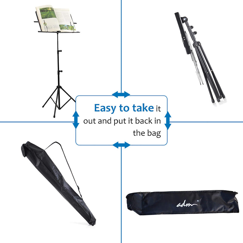 ADM Music Stand Lightweight Easy to Set Collapsible Adjustable Orchestra Portable Sheet Music Stand with Carry Bag, Suitable for School and Choirs, Black