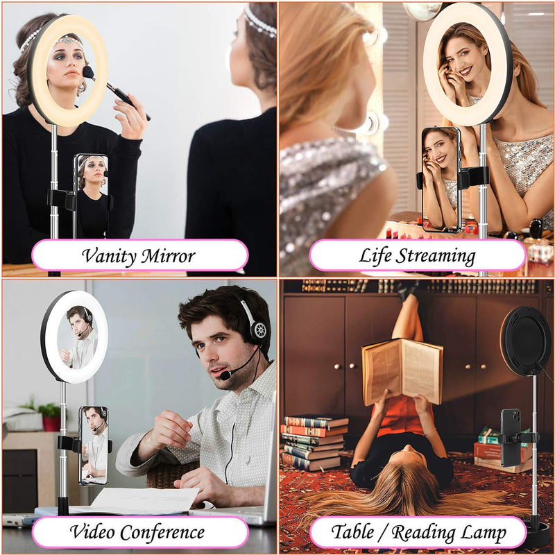 Portable Multi-Functional 6.3" Dimmable LED Selfie Continuous Video Halo Ring Light Zoom Live Stream Phone Holder Stand with Makeup Vanity Mirror Foldable Online Meeting Table Lamp (Pink) Pink