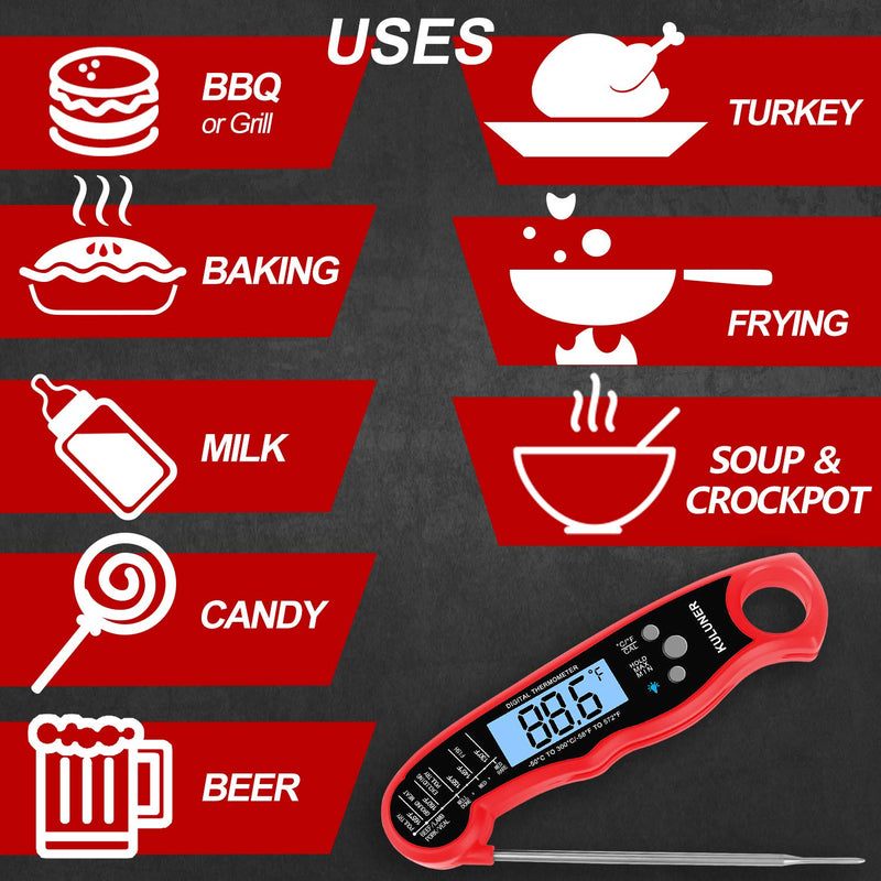 KULUNER TP-01 Waterproof Digital Instant Read Meat Thermometer with 4.6” Folding Probe Backlight & Calibration Function for Cooking Food Candy, BBQ Grill, Liquids,Beef（Red） Red