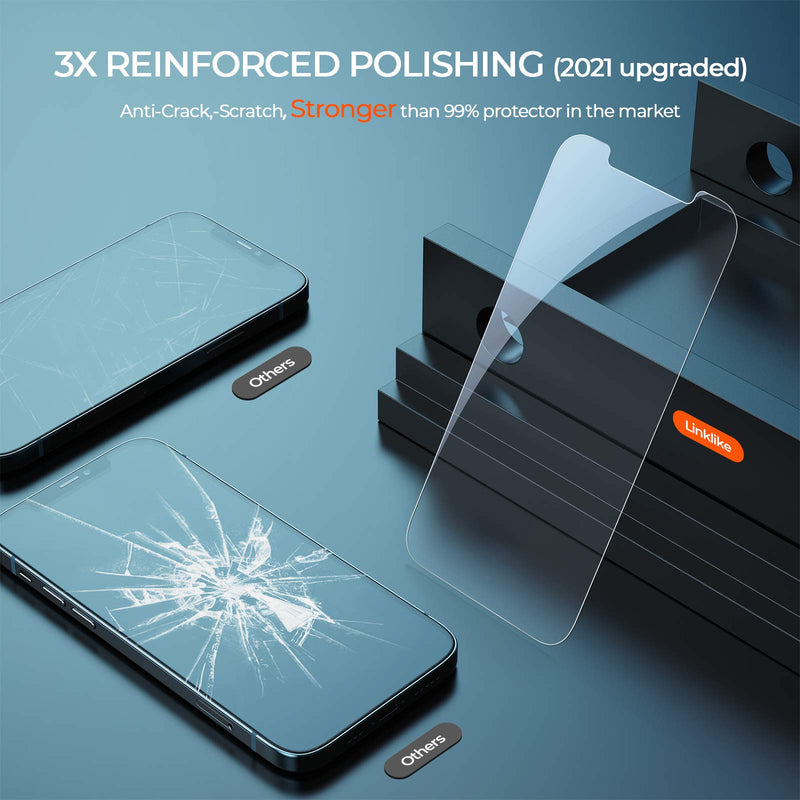 Linklike 2021 Upgraded [3X Reinforced Anti-Shatter] Compatible for iPhone 12 Pro Max Tempered Glass [5X Anti-Scratch] Anti-fingerprint Case-friendly [with Guidance Frame] (6.1 inch), 2 Pack