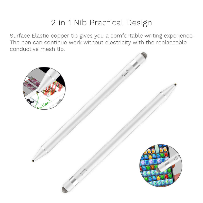 Stylus Pen Compatible for Apple iPad, Adrawpen Rechargeable Active Stylus Pen with 2 in 1 Copper & Mesh Fine Tip, 5 Mins Auto Off Smart Pencil Digital Pen for iPad/iPhone/iPad Pro &Android-White White