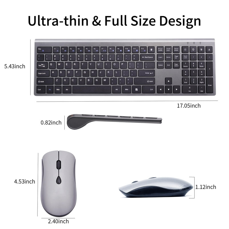 Wireless Keyboard and Mouse, Ultra-Thin Full-Size Keyboard Mouse Combo with USB Receiver, Quiet Click, 2400 DPI, Cordless Scissor Switch Keyboard Set for Laptop PC Computer Windows Mac - Black Gray KM426-Gray