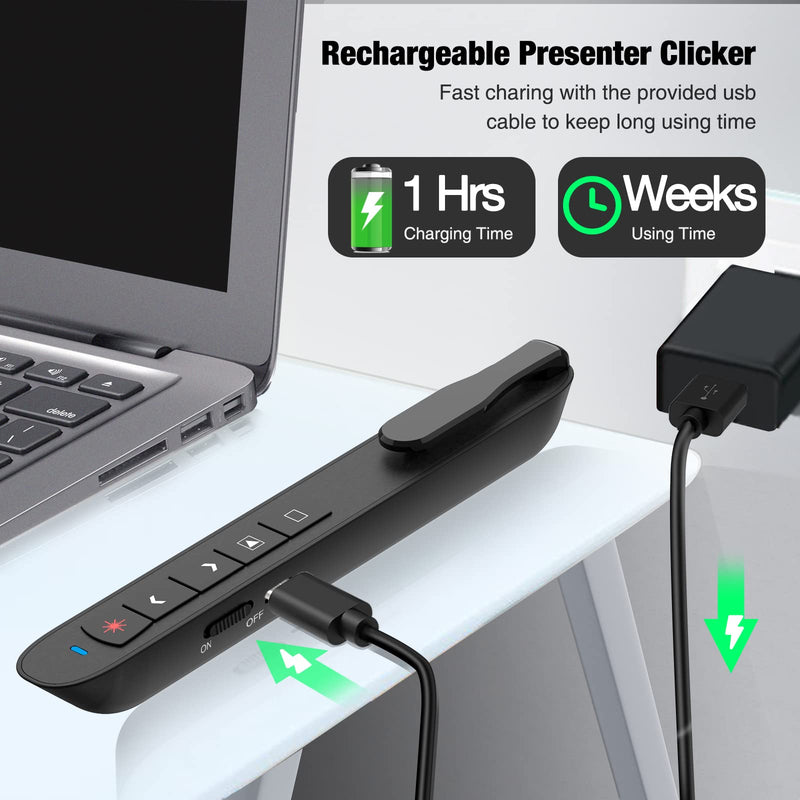 Presentation Clicker Green Laser Pointer, Rechargeable PowerPoint Clicker Wireless Presenter Remote, RF 2.4GHz USB Presentation Pointer Slide Advancer with Hyperlink Volume Control for Mac Computer Q91 Green Light