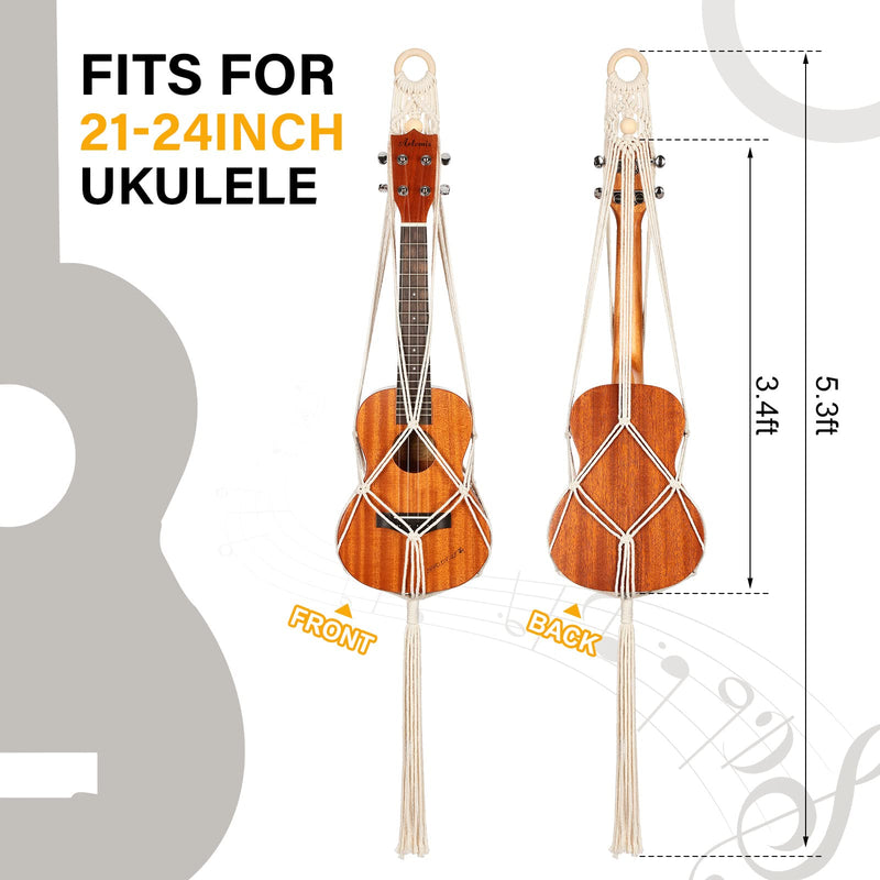 3 Pieces 21 to 24 Inches, Macrame Ukulele Hanger Macrame Wall Mount Hanger Boho Ukulele Wall Mount Hanging Stand Holder for Soprano Ukulele Case Wall Decor Alternative Kit, Black Ring and Wooden Bead