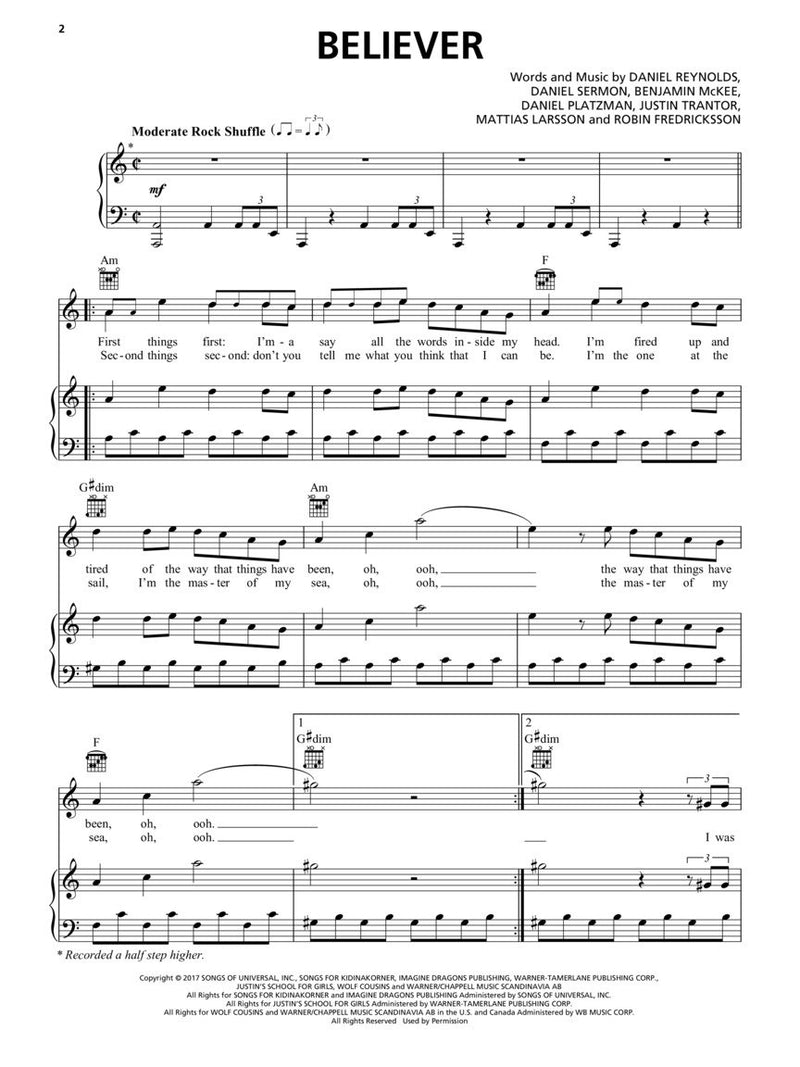 Imagine Dragons - Believer - Piano/Vocal/Guitar Sheet Music Single