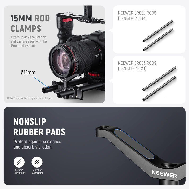 NEEWER Camera Lens Support with Dual 15mm Rod Rail Clamp, Universal LWS Y Bracket with 2.2"/55mm Height Adjustment for Heavy Lenses, Compatible with SmallRig Cage Sony A7 Canon R5 BMPCC 6K Pro, CA012