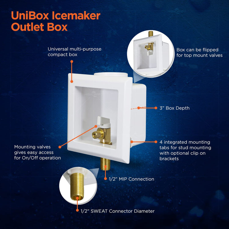 Highcraft TC100-U Icemaker Outlet Box with Valves 1/2'' MIP/SWT White ABS (Single)