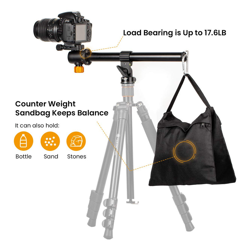 TARION Tripod Extension Arm Horizontal Centre Column Boom 12.6" Extender 360° Rotatable Aluminum Alloy Swivel Lock with Counterweight Sandbag for Overhead Photography and Filming Tripod Column+Sand Bag