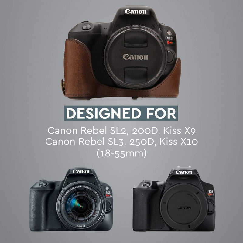 MegaGear Ever Ready Leather Camera Case Compatible with Canon EOS Rebel SL3, Kiss X10, Rebel SL2, Kiss X9 18-55mm Lens Dark Brown