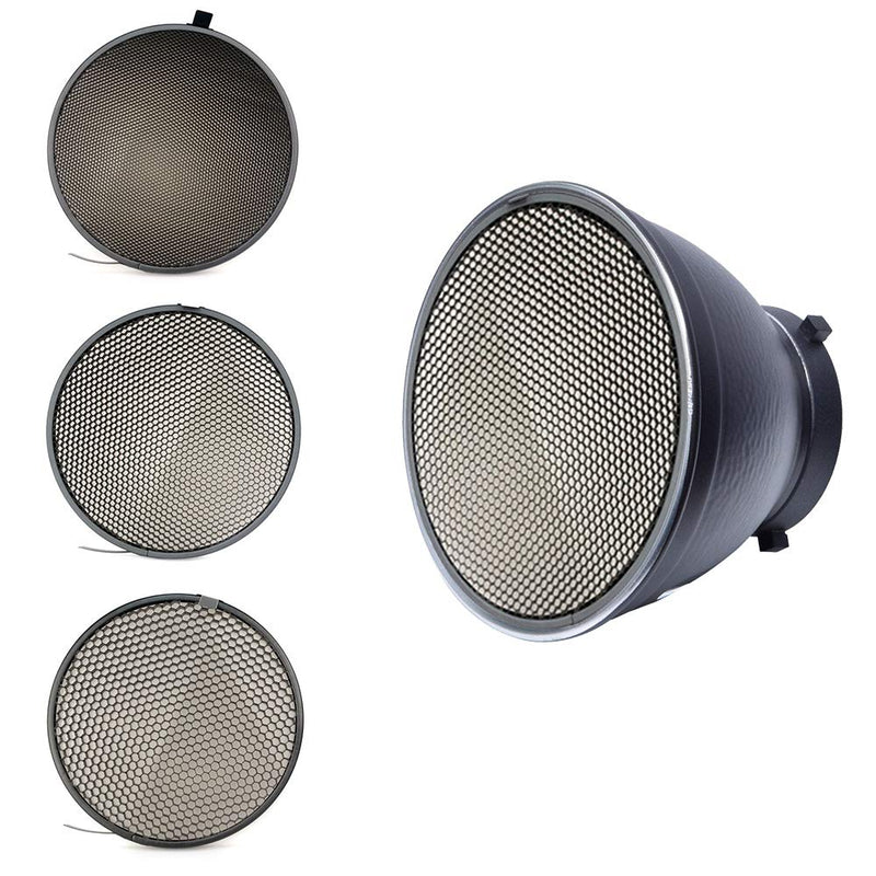 Fotoconic 7" Standard Reflector with 20, 40, 60 Degree Honeycomb Grid & Diffuser Sock for Bowens Mount Studio Strobe Flash Light