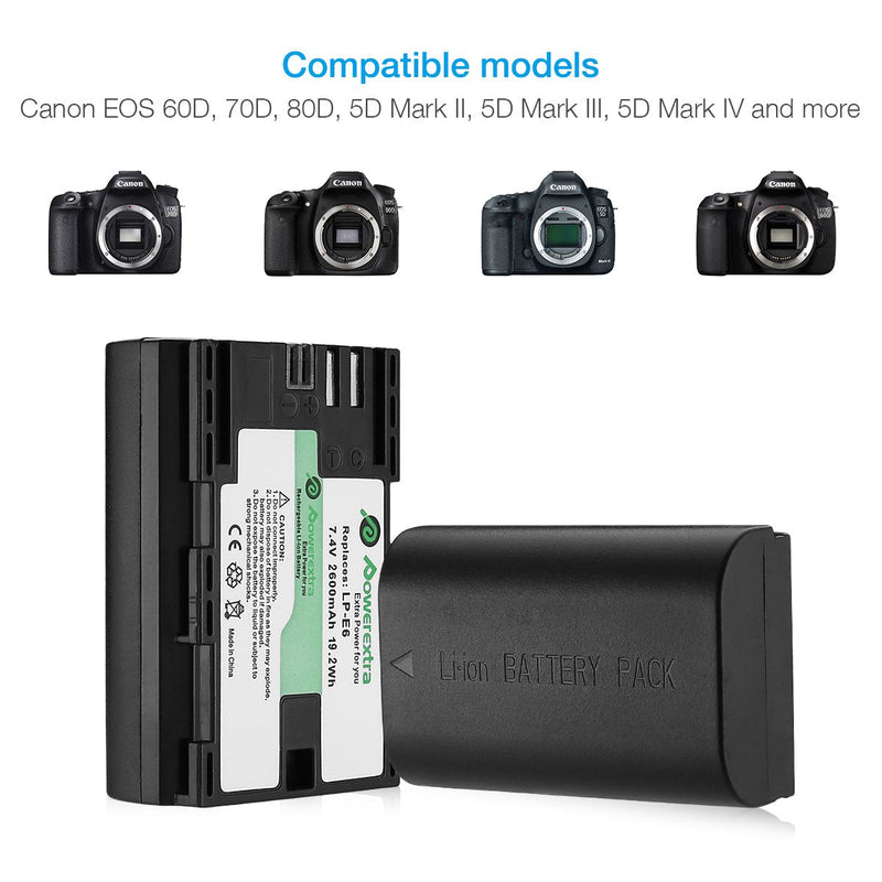 Powerextra 2 Pack Replacement Canon LP-E6, LP-E6N Battery for Canon C700, XC15, EOS 60D, 70D, 80D, 5D Mark II III and IV, 5DS, 5DS R, 6D, 7D Cameras BG-E14, BG-E13, BG-E11, BG-E9, BG-E7, BG-E6 Grips