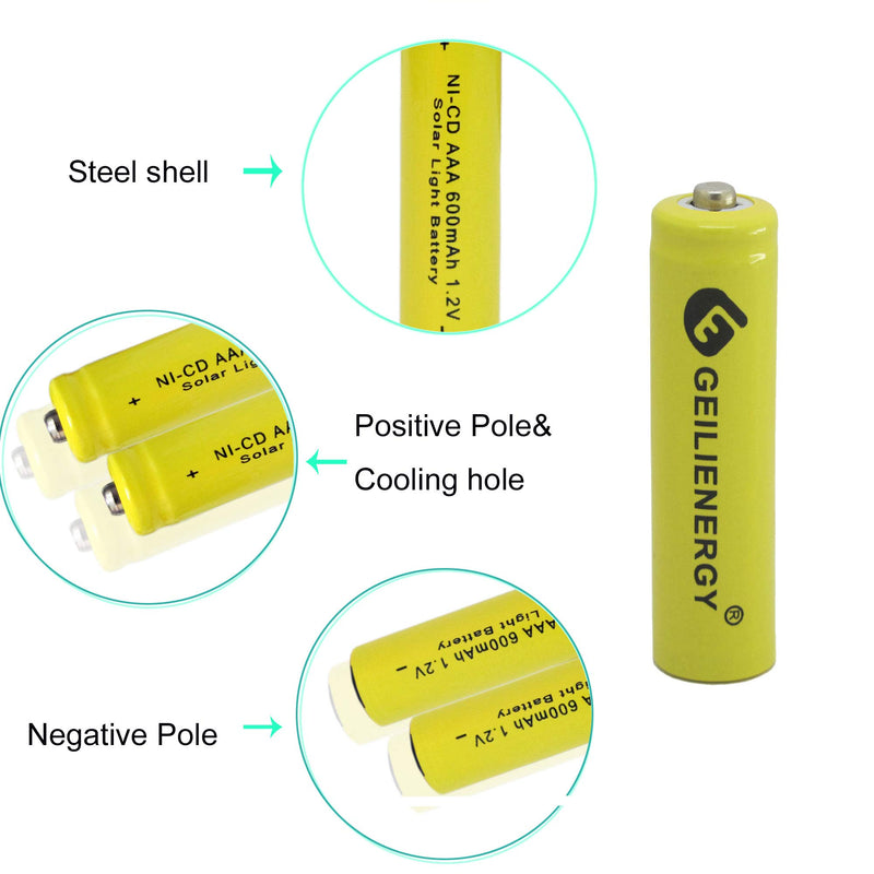 GEILIENERGY NiCd AAA 1.2V 600mAh Triple A Rechargeable Batteries for Solar Light Lamp Yellow Color (Pack of 8) 8PCS AAA NICD 600mAh