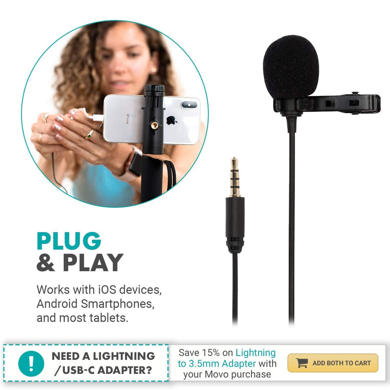 Movo PM10 Lavalier Microphone and Lapel Microphone for iPhone, iPad, Android, and Other Smartphones - Easy Clip on Microphone Perfect for Recording a Podcast, Vlog, Interview, YouTube