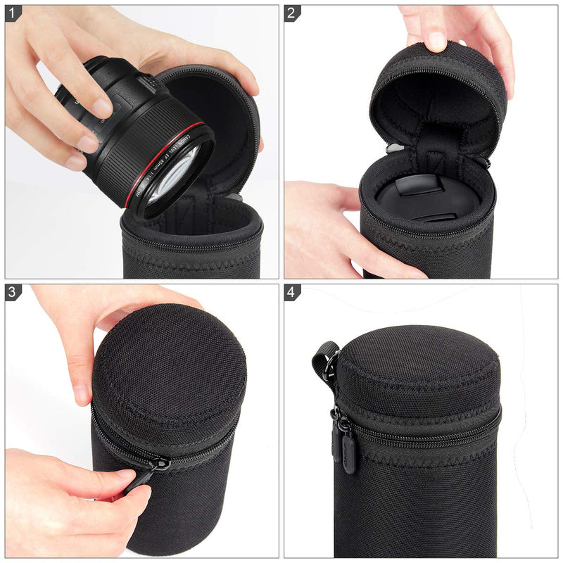ARVOK Lens Pouch Set, Water Resistant Protective Lens Cases for DSLR Camera Lens, 4 Size Thick Camera Lens Bag for Nikon, Tamron, Sigma, Pentax, Sony, Olympus, Panasonic Black