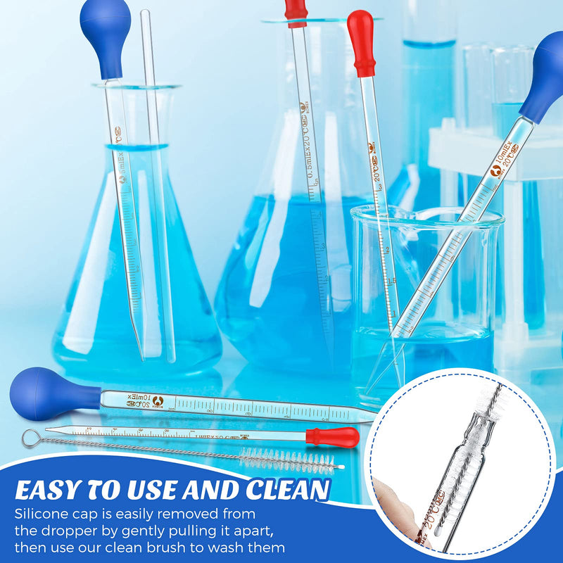 16 Pieces Glass Pipettes Graduated Dropper 2 PCS 10 ml 5 ml 3 ml 2 ml 1 ml 0.5 ml Glass Liquid Dropper with Rubber Caps 2 Pcs 20 cm Glass Stir Rod and 2 Washing Brush for Transfer Liquid Essential Oil