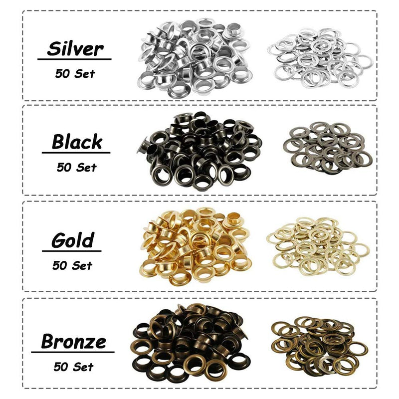 Mesee 1/4 Inch(6mm) Leather Grommet Kit, 200 Set Metal Eyelets Kit with 3 Grommet Setting Tool Eyelets and Grommets for Canvas Belt Bag Shoe Clothes Crafts DIY - 4 Colors