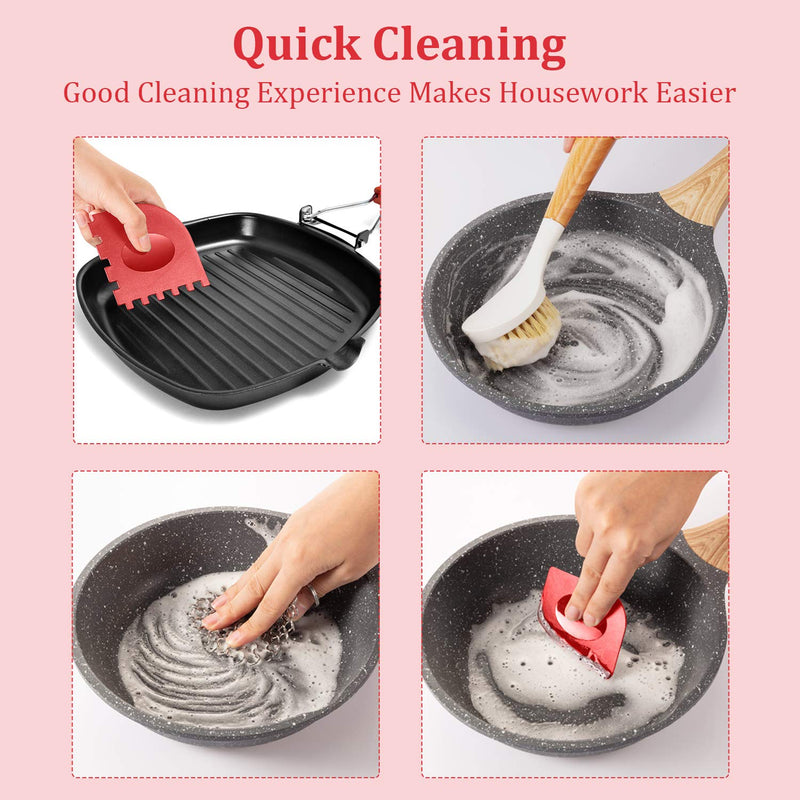 6 Pieces Cast Iron Cleaner Set Include Stainless Steel Chainmail Scrubber Long Handle Dish Scrub Brush Red Hot Handle Holder 2 Pan Grill Scrapers and Wall Hook