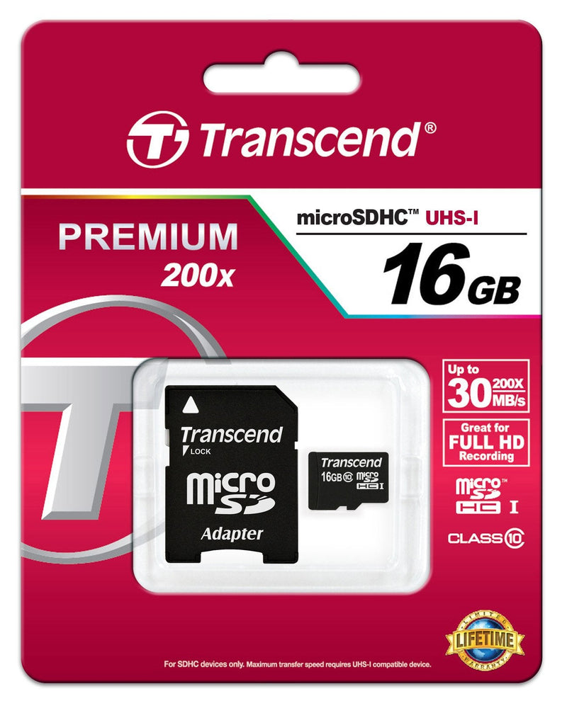 Transcend 16GB MicroSDHC Class10 Memory Card with Adapter 30 MB/s (TS16GUSDHC10) 16 GB Standard Packaging