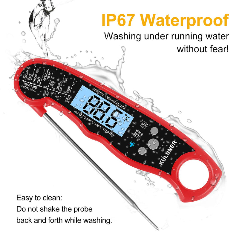 KULUNER TP-01 Waterproof Digital Instant Read Meat Thermometer with 4.6” Folding Probe Backlight & Calibration Function for Cooking Food Candy, BBQ Grill, Liquids,Beef（Red） Red