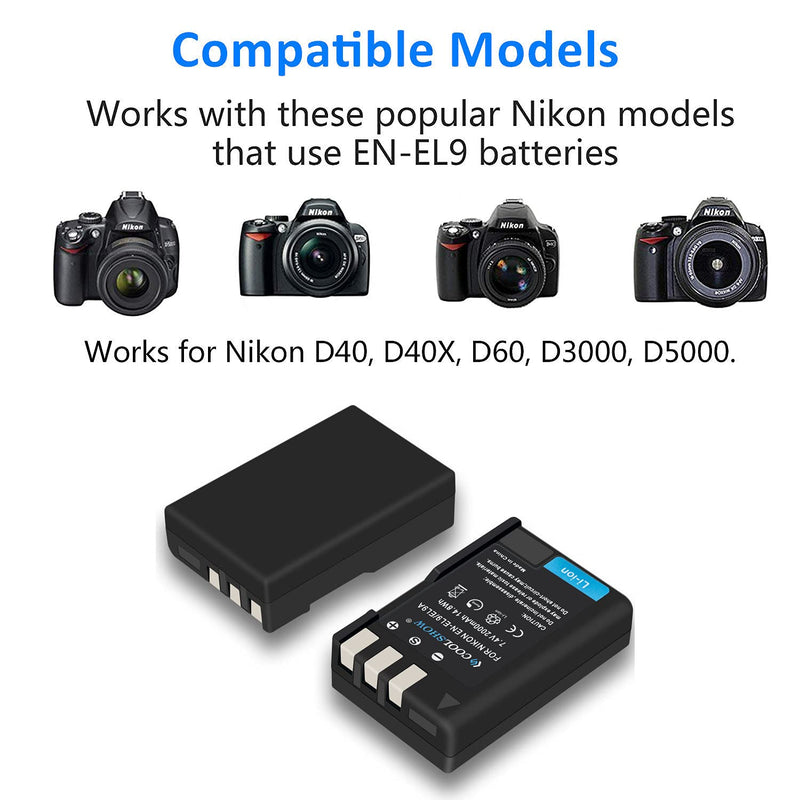 COOLSHOW EN-EL9 Battery 2 Pack and Dual EN-EL9A Dual Battery Charger Compatible with Nikon D3000 D5000 D40 D40x D60 Digital SLR Cameras