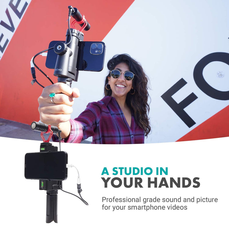 Movo Smartphone Vlogging Kit with Phone Tripod Mount, Shotgun Mic, and Mini Tripod for Camera - On Camera Microphone Compatible with iPhone and Android - Handheld Tripod and Directional Microphone