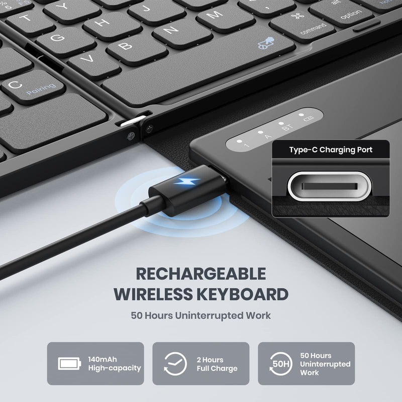 GEODMAER Foldable Bluetooth Keyboard, Portable Full Size Bluetooth Keyboard with Large Touchpad, Rechargeable Tri-Folding Ultra Slim Travel Keyboard for Windows iOS Android Mac, Sync up to 3 Devices