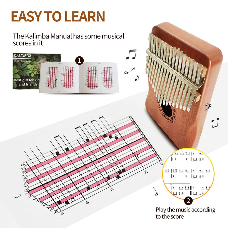 BoutiQ Kalimba 17 Keys Thumb Pianos - with Notation and Tune Hammer, Portable African Finger Piano, Easy to Learn Musical Instrument for Kids Adult Beginners