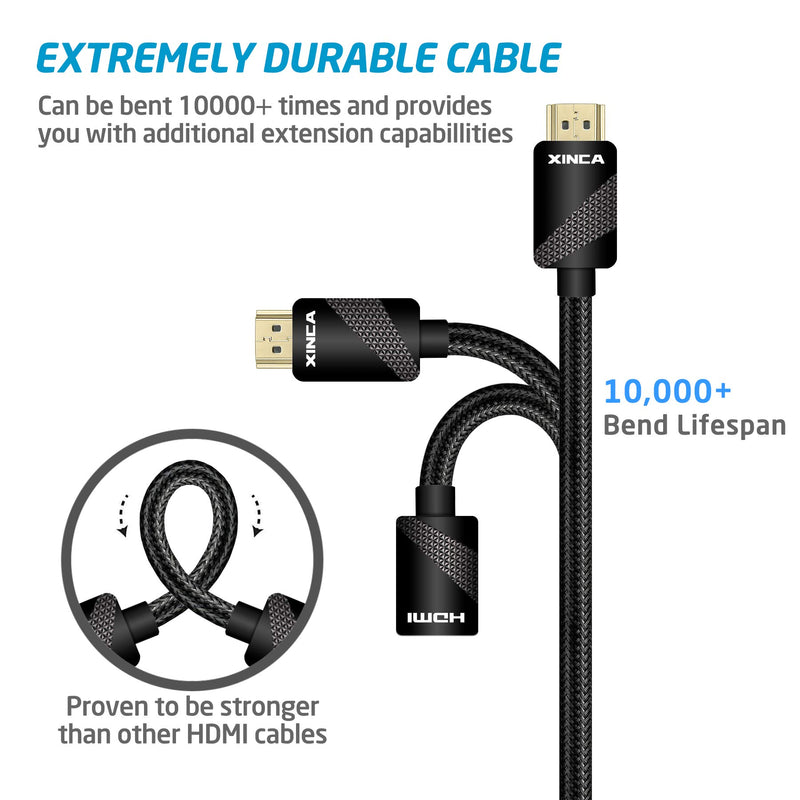 HDMI Extension Cable Male to Female - Ethernet,3D,4k @60 HZ 10.2 Gbps -Nylon Mesh Outer Layer Braided Cord(1.5 Feet)-XINCA HDMI Extension 0.15ft