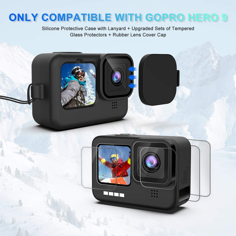 Deyard Accessories Kit Compatible with GoPro Hero 9, Upgraded Silicone Sleeve Protective Case + 6PCS Tempered Glass Screen Protector + Rubber Lens Cover Caps, Compatible with GoPro Hero 9 Black