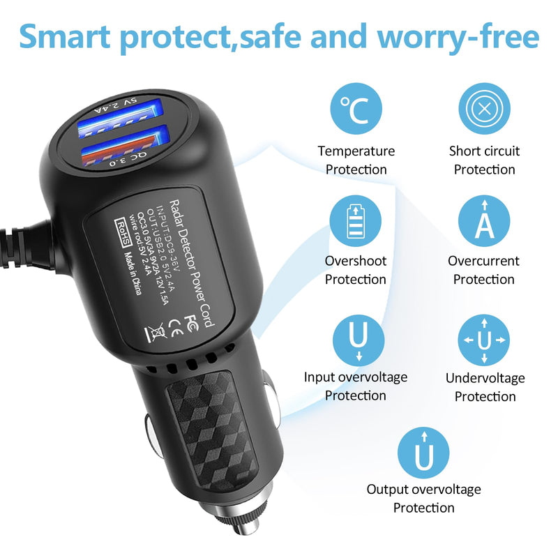 Radar Detector Power Cord,for Uniden Escort Valentine Beltronics Passport Cobra Whistler etc Radar Detector,Dual USB QC3.0 Quick Charger(6.5FT) (DC3.5) DC3.5