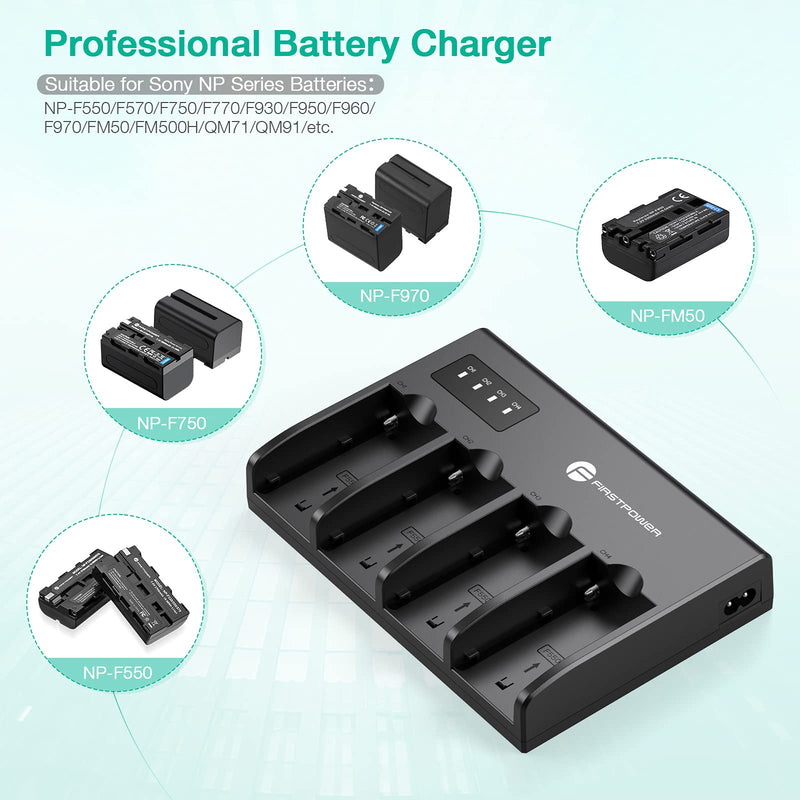 FirstPower 4-Channel LED Display Battery Charger for Sony NP-F550 F570 F750 F770 F930 F950 F960 F970 FM50/FM500H QM71 QM91 QM71D QM91D Camcorder Batteries