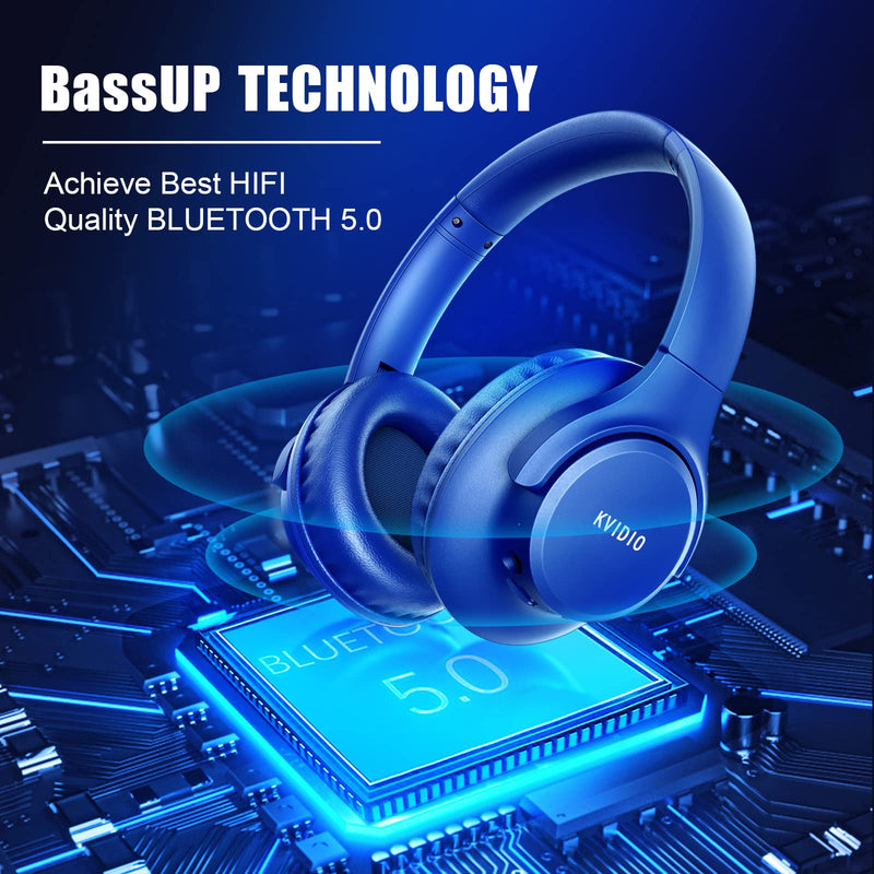 Bluetooth Headphones Over Ear,KVIDIO 55 Hours Playtime Wireless Headphones with Microphone,Foldable Lightweight Headset with Deep Bass,HiFi Stereo Sound for Travel Work Laptop PC Cellphone (Blue) Blue