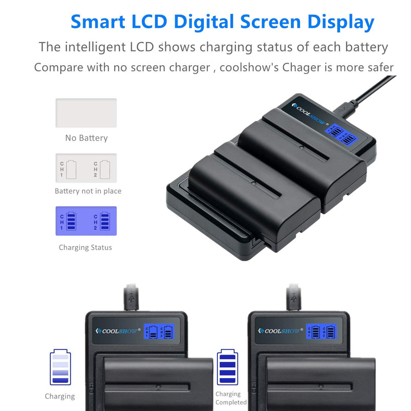 NP-F550 Battery COOLSHOW LCD Dual Charger and 2 Packs 2600mAh F550 Battery for Sony NP F970 F750 F770 F960 F550 F530 F330 F570 CCD-SC55 TR516 TR716 TR818 TR910 TR917