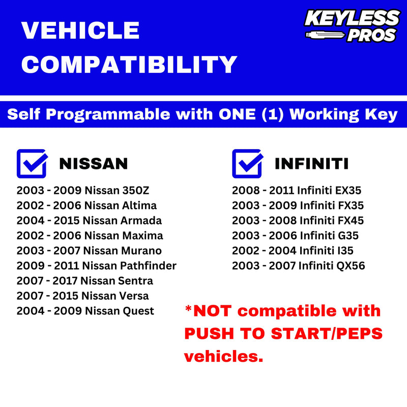 KeylessPros 4-Button Replacement Keyless Entry Remote Key Fob, Compatible with Nissan Murano Maxima Armada Altima 350Z Sentra Quest, Infiniti EX35 FX35 FX45 G35 I35 Q45 QX56, KBRASTU15 4-BTN
