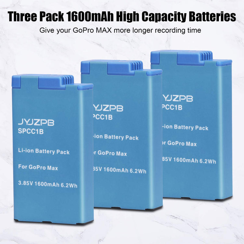 JYJZPB MAX Replacement Battery 3-Packs and 3-Channel Battery Charger for GoPro MAX 360 (Fully Compatible with Original GoPro MAX)