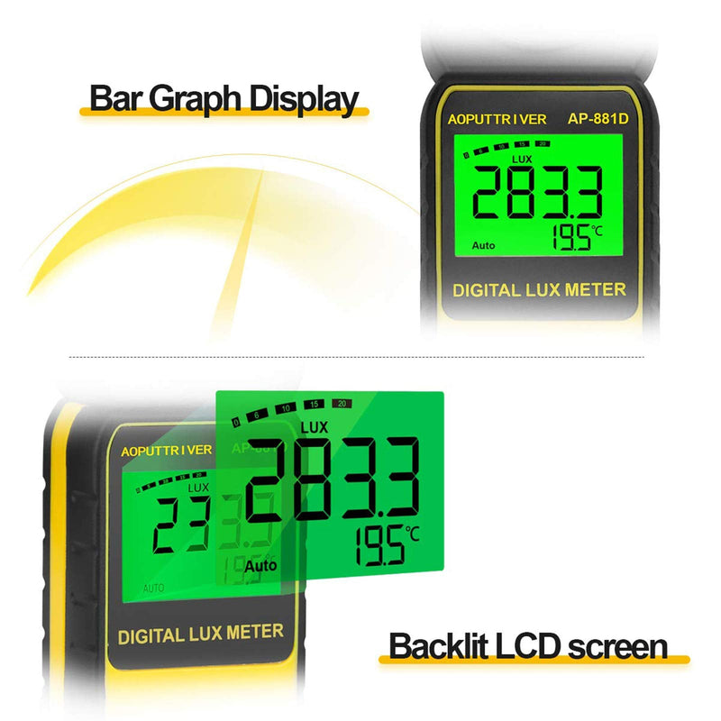 [AUSTRALIA] - Light Meters 881D Digital Illuminance Meter Ambient Temperature Measurer with Range up to 400,000 Lux Luxmeter, Rotatable Head for 270 Degrees, Display 3999, Data Hold, Back Light, Data storag AP881D(0.01~400,000 Lux) 