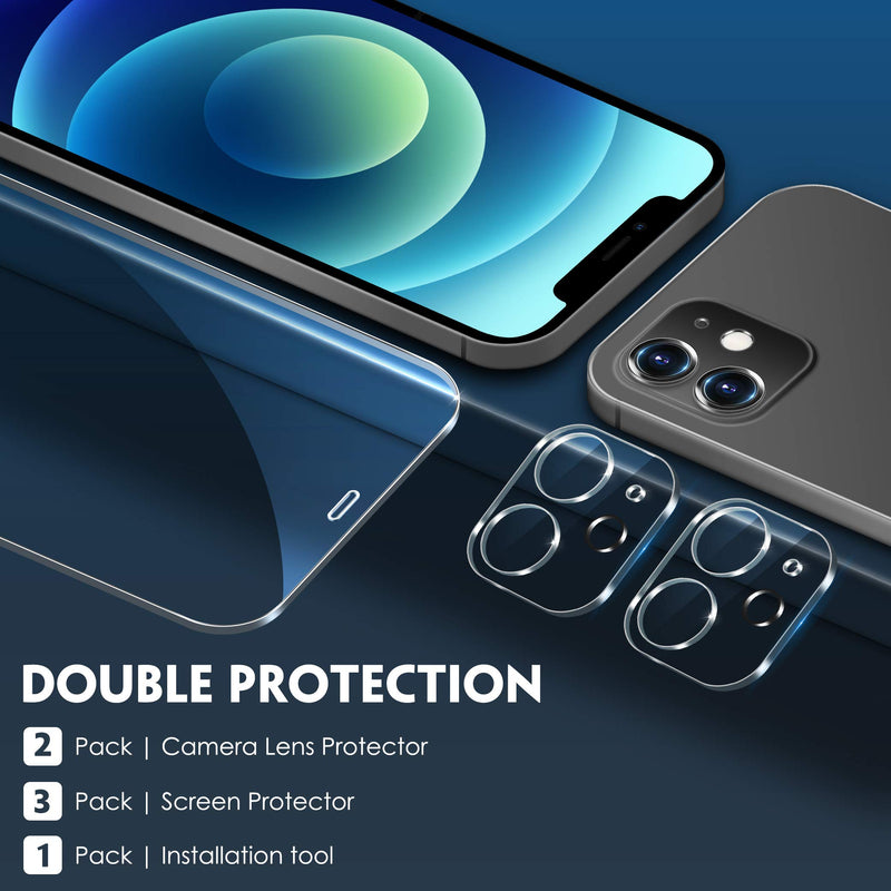 [5 Pack] UniqueMe Screen Protector Compatible with iPhone 12 6.1 [Not for iPhone 12 Pro], 3 Pack Clear Tempered Glass and 2 Pack Camera Lens Protector,[Installation Frame][Precise Cutout]