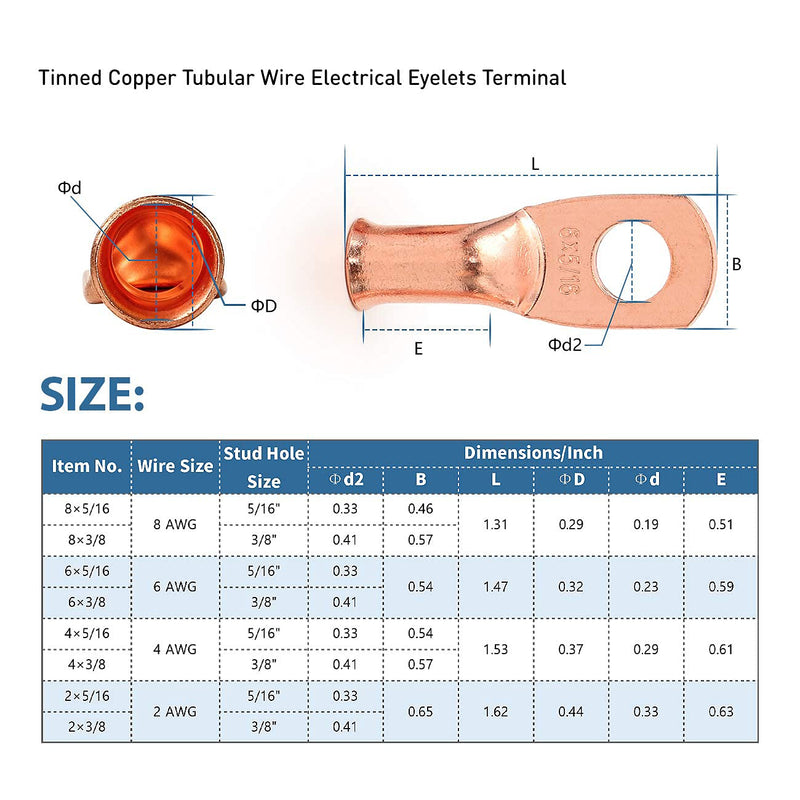 12PCS 4x5/16 Copper Ring Terminal Connectors 4 AWG Heavy Duty Battery Cable Ends Bare Copper Lugs with 12 PCS 3:1 Heat Shrink Tubing for Vehicle Boat Marine Use 4AWG-5/16"Ring