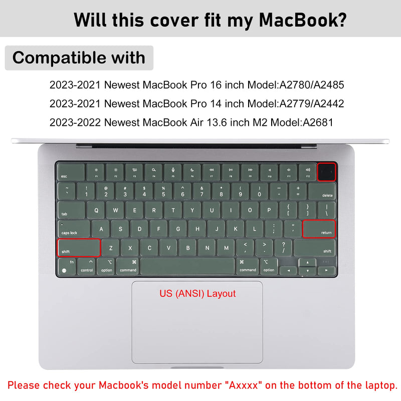EooCoo Premium Keyboard Cover Skin Ultra Thin for 2023 MacBook Air 15" M2 (A2941), 2022 MacBook Air 13.6" M2 (A2681), 2023-2021 MacBook Pro 14" 16" M2 M1 (A2779 A2442 A2780 A2485), Midnight Green for Air 15"/ Air 13.6" / Pro14" / Pro16"