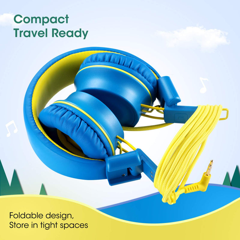 Kids Headphones-noot products K33 Foldable Stereo Tangle-Free 5ft Long Cord 3.5mm Jack Plug in Wired On-Ear Headset for iPad/Amazon Kindle,Fire/Boys/Girls/School/Travel/Plane/Tablet (Electric Blue) Electric Blue