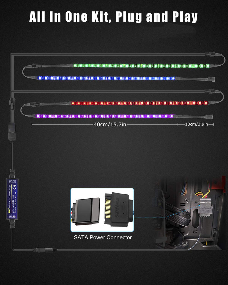 [AUSTRALIA] - ALITOVE RGB LED Strip for PC Computer Case DIY Lighting, 4X 16in/40cm 24LEDs Flexible Bar Lights Full Kit with RF Remote Controller, SATA Power Cable, 12 Static Colors, 19 Dynamic Modes, 96 LEDs 