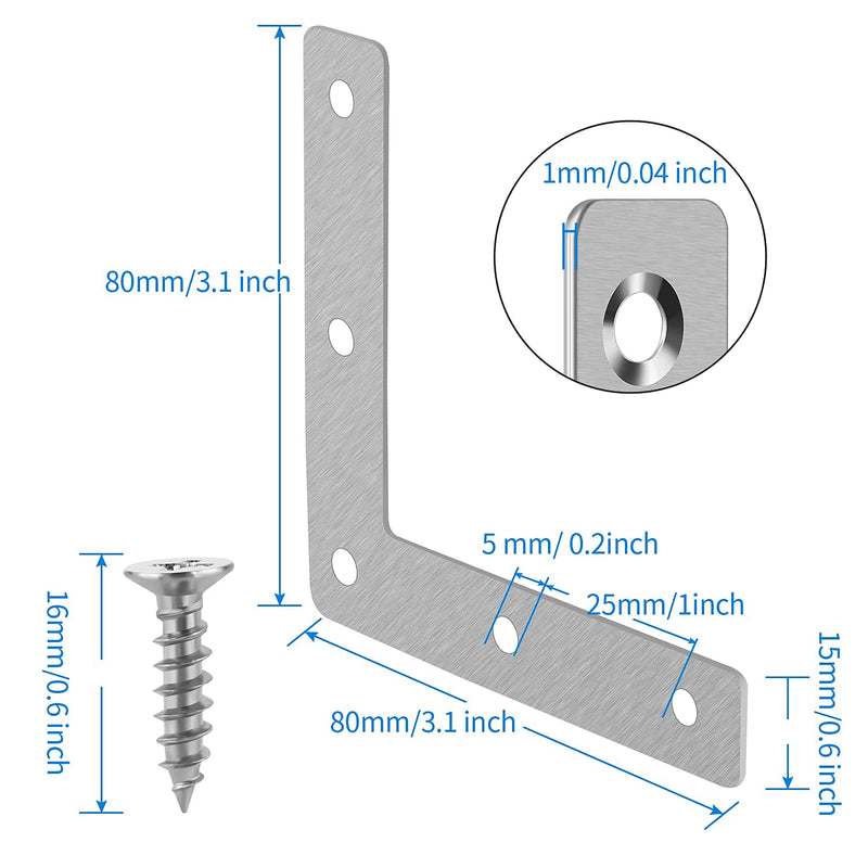 10 Pieces Stainless Steel L Braces (3.1 x 3.1 inch，80 x 80 mm) Flat Corner Braces, Corner Brackets Joint Right Angle Bracket, 55 Pieces Screws Included