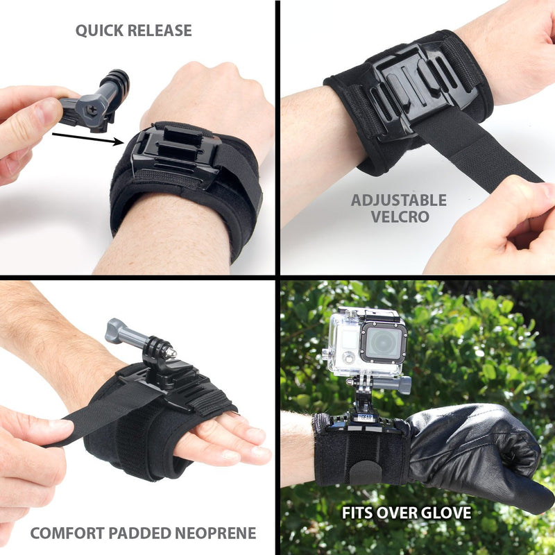 Wrist Strap Band Style GoPro Action Camera Mount w/ 2-Point Neoprene Strap , J Hook and Tripod Adapter by USA Gear - Works With GoPro HERO6 BLACK , HERO5 Black/Session , YI 4K , AKASO EK7000 & More