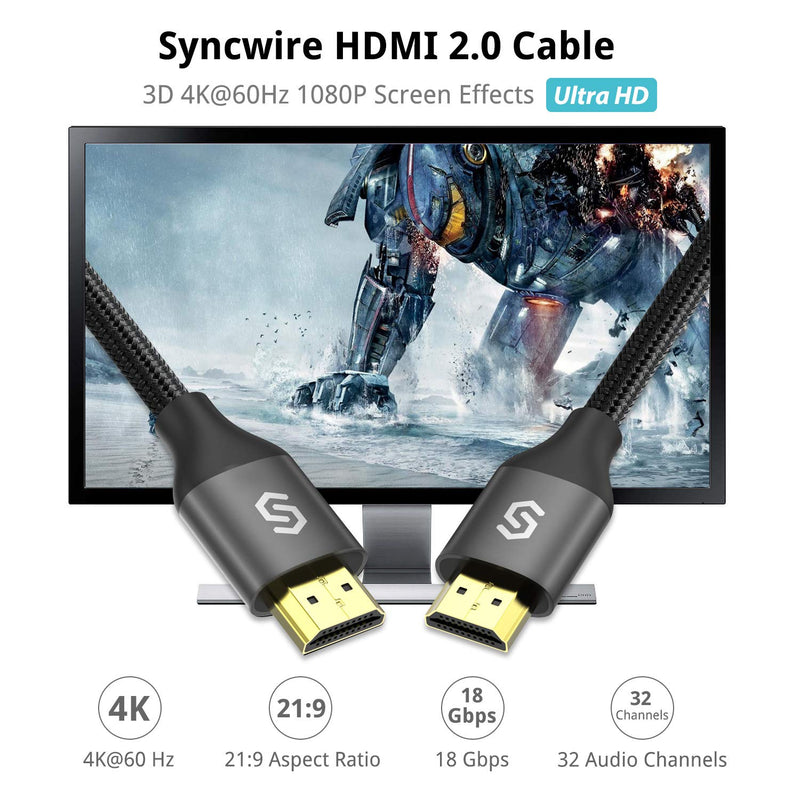 HDMI Cable 6.5ft - Syncwire Premium Braided Ultra High Speed 18Gbps HDMI Cord 2.0, Support TV, Ethernet, Audio Return, Video 4K UHD 2160p, HD 1080p, 3D, Xbox Playstation PS3 PS4 PC 6.5ft Black
