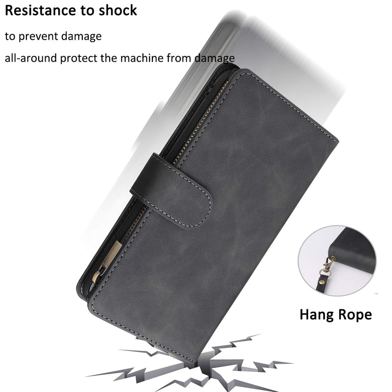 UEEBAI Wallet Case for iPhone SE 2020 iPhone 7 iPhone 8, Premium Vintage PU Leather Magnetic Closure Handbag Zipper Pocket Kickstand Card Holder Slots with Wrist Strap Shockproof Flip Case - Black