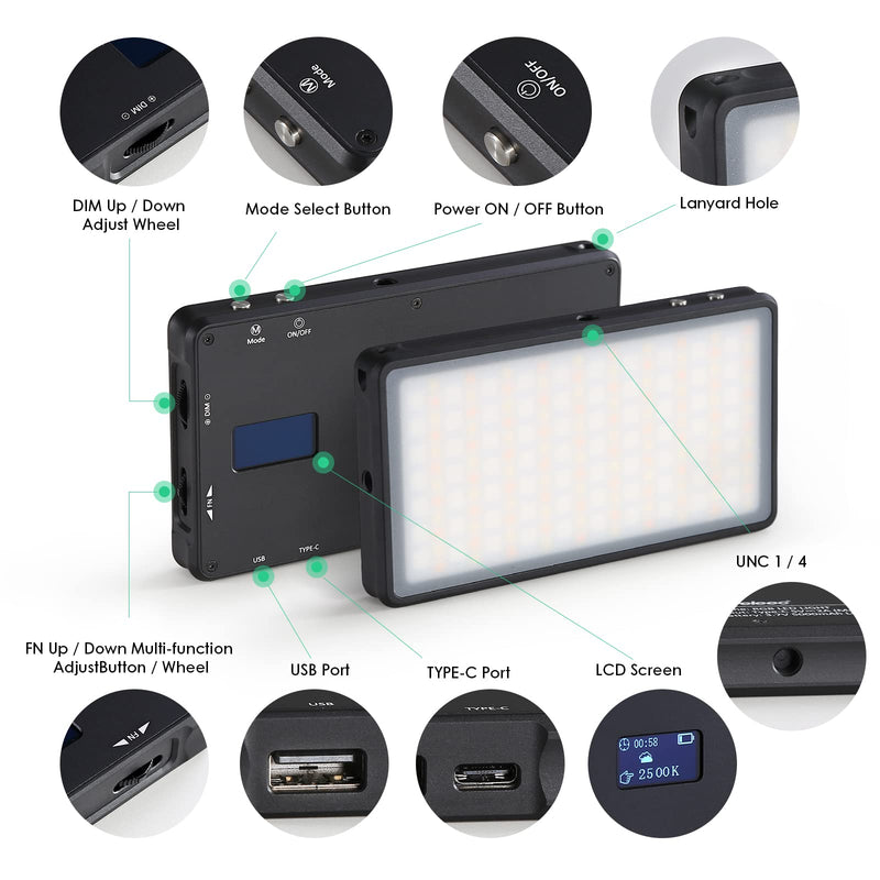 Teyeleec 5000mAh Colorful RGB On Camera LED Video Light Alloy Shell Digital Camera Photography Zoom Fill Light Mini Tripod USB-C Fast Charging Portable Charger External Battery Pack