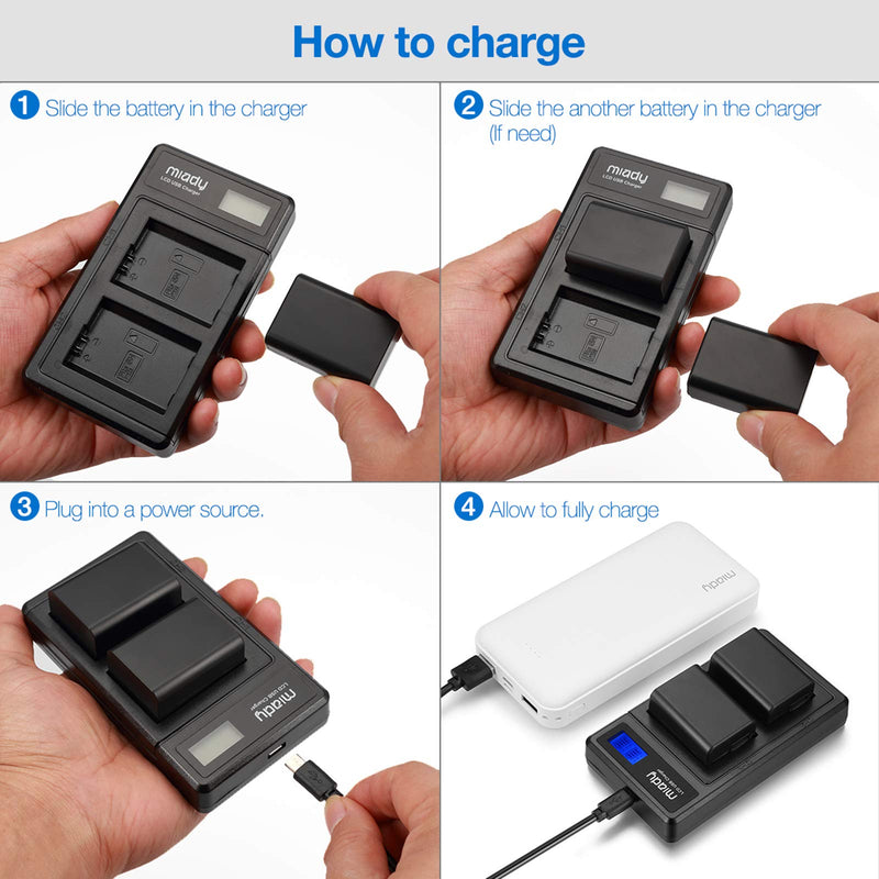 Miady NP-FW50 Batteries and Dual LCD Charger Set Compatible with Sony A6000, A6500, A6400, A6300, Alpha Series, RX10 Series and More,2-Pack 1500mAh 7.4V