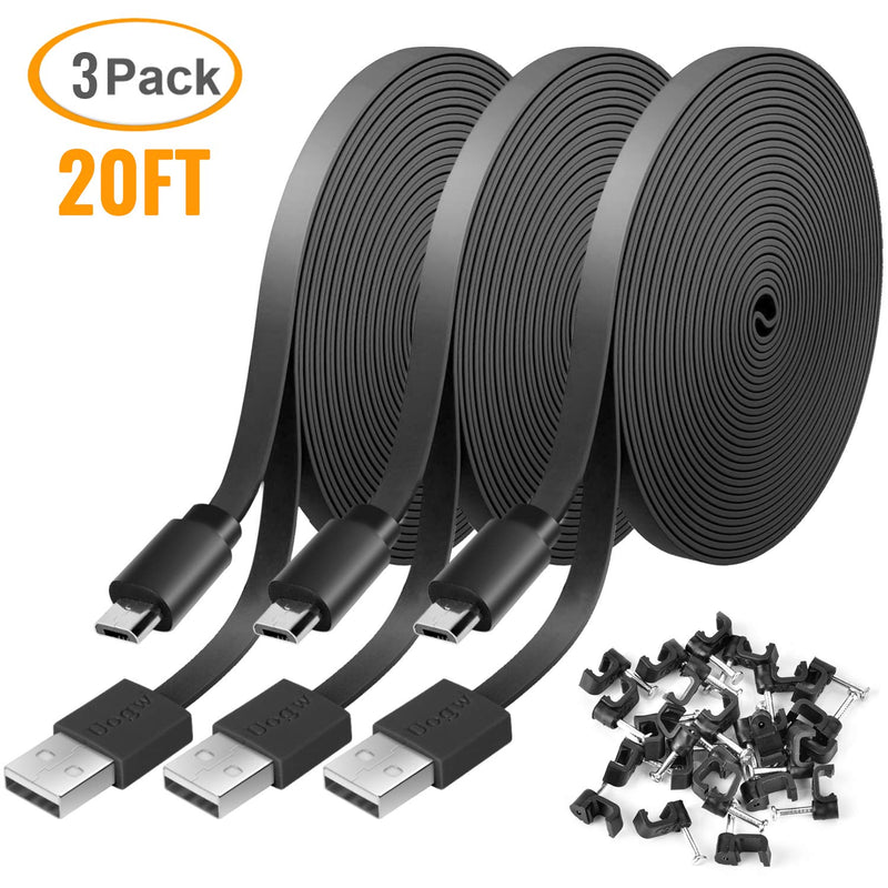 3 Pack 20FT Power Extension Cable Compatible with WyzeCam, Wyze Cam Pan, NestCam Indoor,Blink, Yi Camera,Amazon Cloud Camera,USB to Micro USB Durable Charging and Data Sync Cord (Black) Black